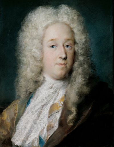 Un caballero con abrigo de patrón dorado y capa violeta-marrón de Rosalba Carriera