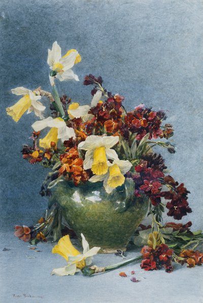 Narcisos y alhelíes en un jarrón verde, 1890 de Rose Maynard Barton