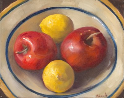 Manzanas y limones, 2016 (óleo sobre lienzo) de Rosemarie Adcock