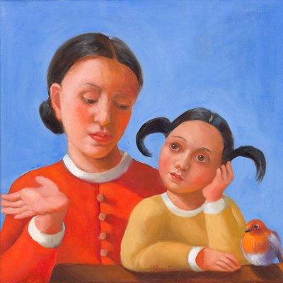 Aprendiendo cosas nuevas, 2022 (óleo sobre lienzo) de Rosemarie Adcock