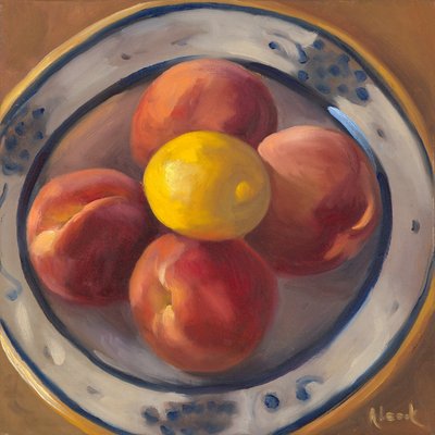 Melocotones y limón, 2016 (óleo sobre lienzo) de Rosemarie Adcock