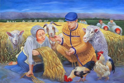 Ruth y la cosecha de cebada, 2014 (óleo sobre lienzo) de Rosemarie Adcock