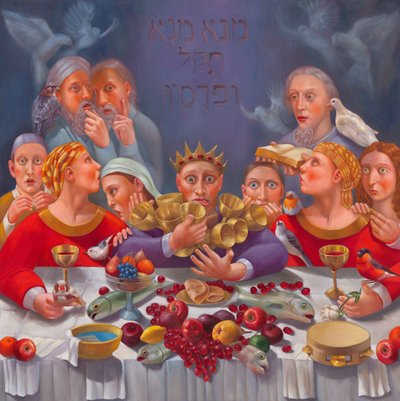 La última cena de Belsasar, 2022 (óleo sobre lienzo) de Rosemarie Adcock