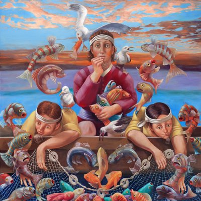 La milagrosa corriente de los peces, 2019 (óleo sobre lienzo) de Rosemarie Adcock