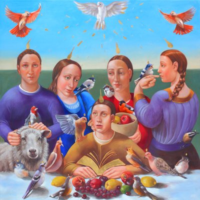 El Pentecostés, 2018 (óleo y pan de oro sobre lienzo) de Rosemarie Adcock