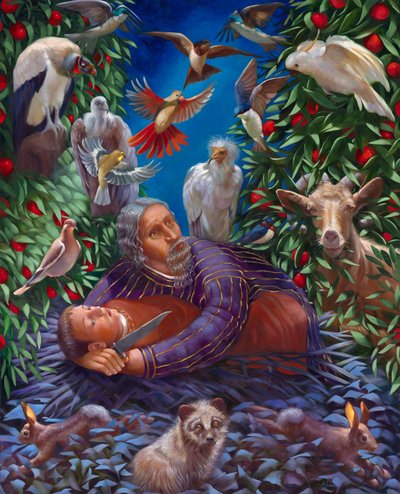 La restitución de Isaac a su padre Abraham 2013 (óleo sobre lienzo) de Rosemarie Adcock