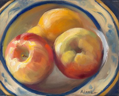 Pera amarilla y manzanas, 2017 (óleo sobre lienzo) de Rosemarie Adcock