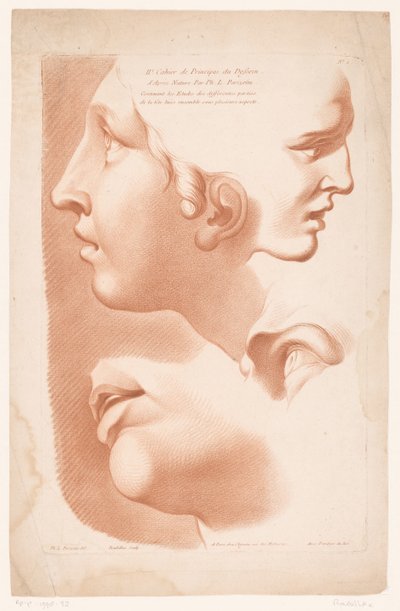 Impresión de título con dos caras, boca y ojo de mujer. Principios del dibujo de la naturaleza, segunda parte (título de la serie) IIe Cahier de Principes du Design d