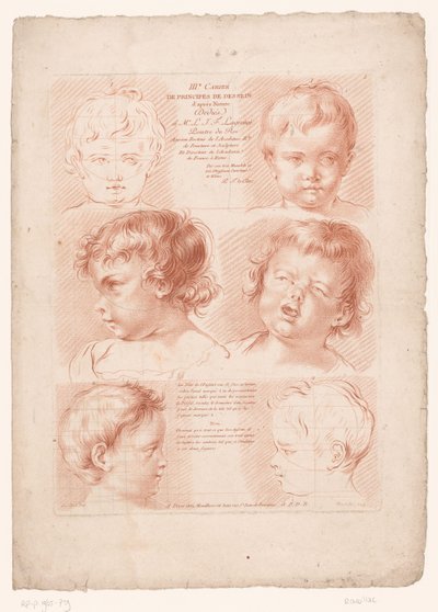 Impresión de título con seis cabezas de niños, dos de las cuales en representación esquemática Principios del dibujo de la naturaleza, tercera parte (título de la serie) IIIe Cahier de Principes du Design d
