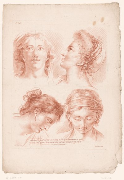 Cuatro cabezas de mujer en diferentes poses
Principios del dibujo del natural, tercera parte (título de la serie)
III Cahier de Principes du Dessin d