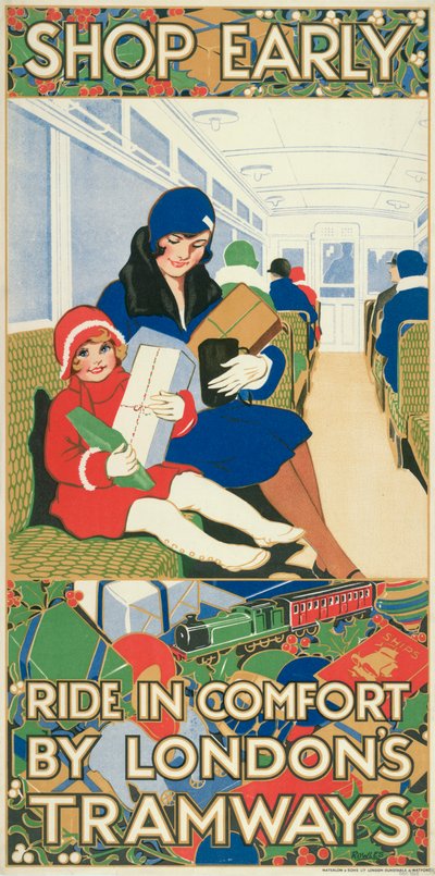 Compra temprano, viaja cómodo en los tranvías de Londres, cartel de los Tranvías del Consejo del Condado de Londres, 1928 de Rowles
