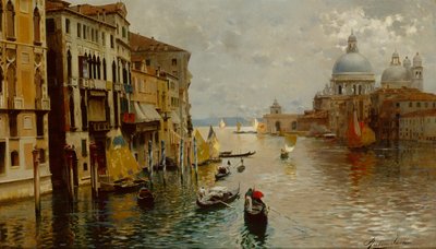 Góndolas en el Gran Canal, la Dogana y Santa Maria della Salute al fondo, Venecia de Rubens Santoro