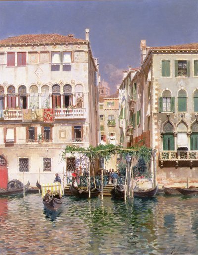 El Gran Canal con el Campanile de St Maria Gloriosa dei Frari, Venecia (óleo sobre panel) de Rubens Santoro