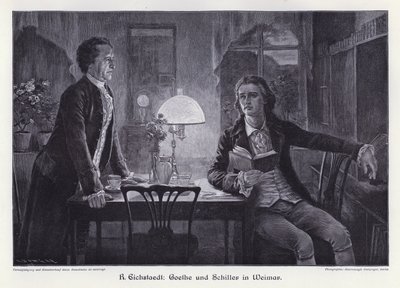 Escritores alemanes Friedrich Schiller y Johann Wolfgang von Goethe en Weimar (grabado) de Rudolf Eichstaedt