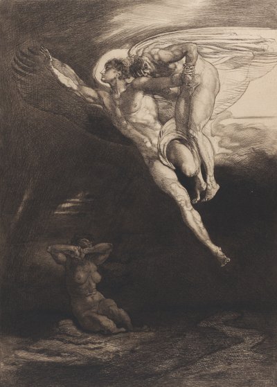 Lucifer lleva a Caín al espacio finito, de Ocho grabados sobre Caín de Byron, ..., 1919-1920 de Rudolf Jettmar