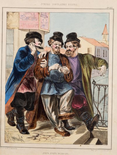 Ante una taberna par Zhukovsky, Rudolf Kasimirovich (1814-1886). Litografía, acuarela, tamaño : 33x24 de Rudolf Kasimirovich Zhukovsky