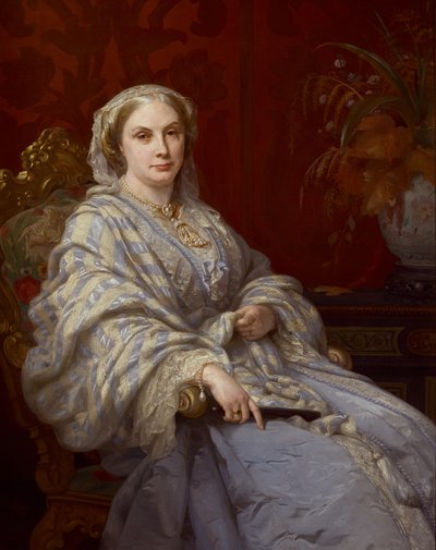 Retrato de Louisa, esposa de Algernon, 6º Duque de Northumberland, tres cuartos de longitud, con un vestido azul y un chal a rayas azules y blancas de Rudolf Lehmann
