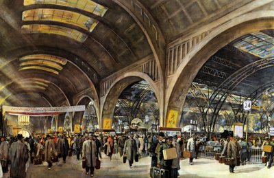 Ferrocarriles alemanes - Estación central de Leipzig durante la feria (acuarela) de Rudolf Lipus
