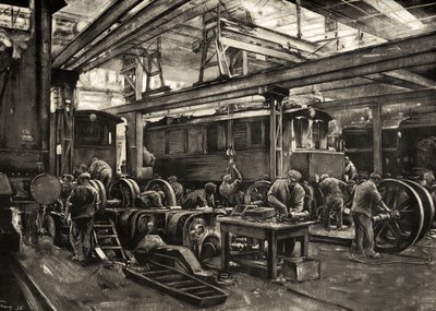 Ferrocarriles alemanes - Taller de reparación de locomotoras eléctricas del Reichsbahn en Munich. 1935 (impresión) de Rudolf Lipus