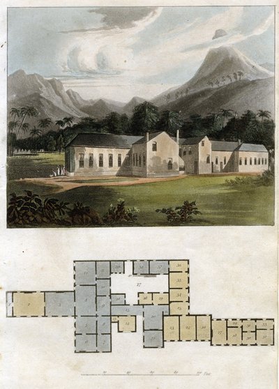 Vista y plano de la casa Longwood, Santa Elena: la residencia de Napoleón Bonaparte de Rudolph Ackermann