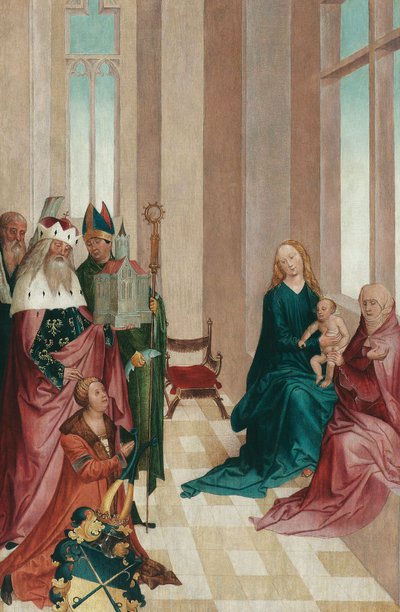 Tableta votiva con St. Anna Selbdritt y Santos Leopoldo, Ulrico y Andreas de Rueland Frueauf d. J.
