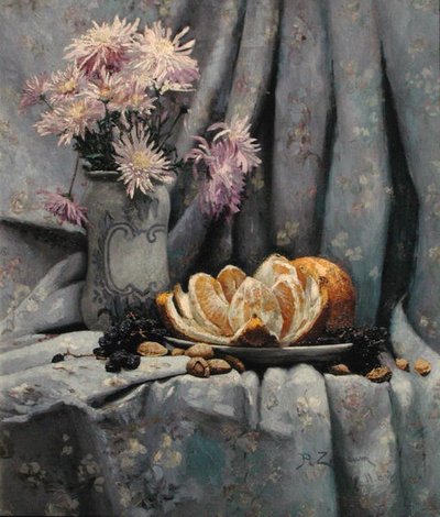 Crisantemos y una naranja abierta de Rufus Fairchild Zogbaum