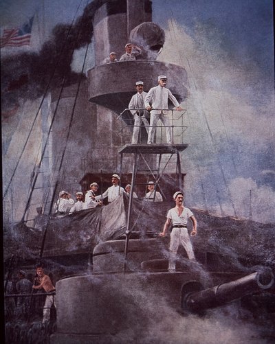 Guerra Hispanoamericana de 1898, Batalla de la Bahía de Manila, el Almirante Dewey dirige la acción desde el buque insignia Olympia de Rufus Fairchild Zogbaum