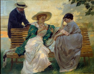 Un buen momento: "La charla" Grupo de burgueses leyendo en un banco por Rupert Bunny (1864-1947) 1885 de Rupert Charles Wolston Bunny