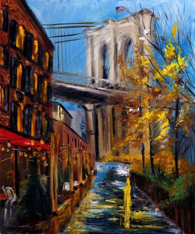Otoño en el puente de Brooklyn en DUMBO Nueva York, 2021 (óleo sobre lienzo) de Ruslana Levandovska