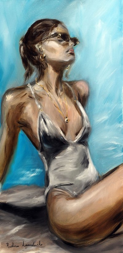 Junto a la piscina, 2022 (óleo sobre lienzo) de Ruslana Levandovska