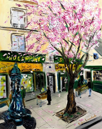 Cerezos en flor en Shakespeare and Co París - con adornos dorados, 2023 (óleo sobre lienzo) de Ruslana Levandovska