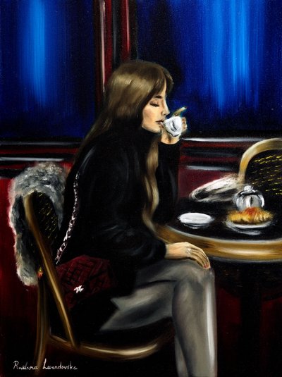 Mujer en un café de París II, 2024 (óleo sobre lienzo) de Ruslana Levandovska