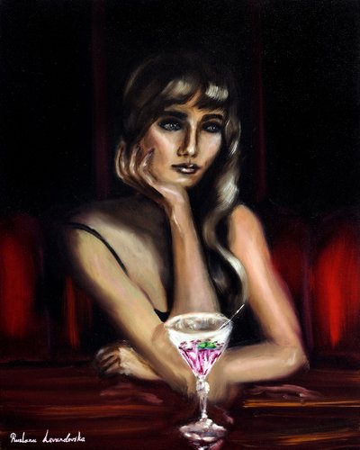 Mujer con un cóctel rosa, 2024 (óleo sobre lienzo) de Ruslana Levandovska