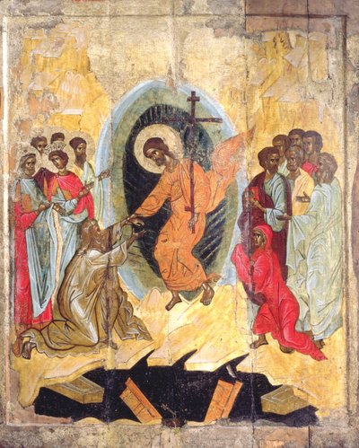 Descenso de Cristo al Infierno, icono ruso, Escuela de Novgorod, finales del siglo XIV de Russian School