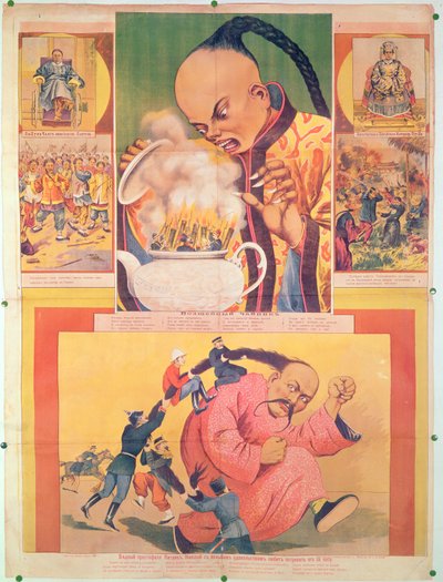 Póster cómico ruso satirizando a los europeos en China, impreso en Moscú, Rusia, 1900 de Russian School