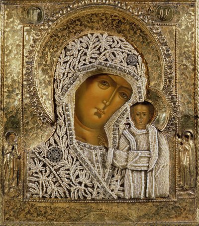 Detalle de un icono que muestra a la Virgen de Kazán por Yegor Petrov, Moscú, 1788 de Russian School