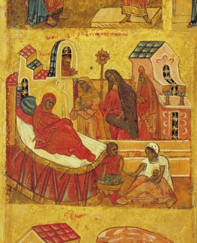 Icono que representa el nacimiento de la Virgen, c.1550 (detalle) de Russian School