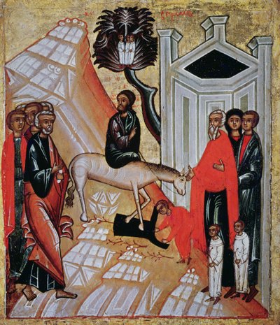 Icono que representa la entrada de Cristo en Jerusalén, Escuela de Novgorod de Russian School