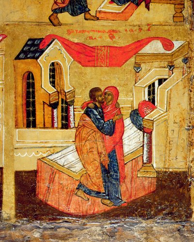 Icono que representa el encuentro en la Puerta Dorada, c.1550 (detalle) de Russian School