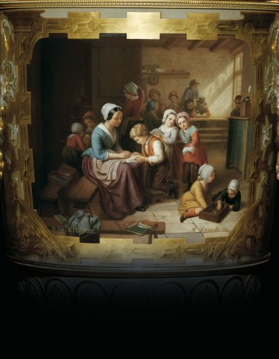 Detalle pintado de un jarrón de porcelana de dos asas y hoja de oro de Alejandro II, que representa una escena de aula después de B, 1866 de Russian School