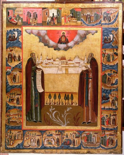 Santos Zósimo y Sabateo de Solovetsk con escenas de sus vidas, siglo XVIII de Russian School