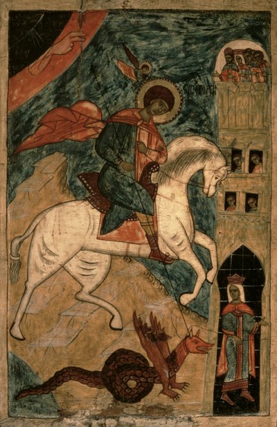 San Jorge y el Dragón, icono ruso de Vologda, siglo XV de Russian School