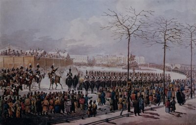 La insurrección de los decembristas en la Plaza del Senado, San Petersburgo el 14 de diciembre de 1825 de Russian School