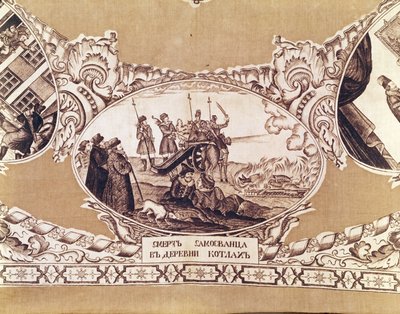 La ejecución del Falso Dimitri, detalle de un chal que representa la historia del impostor real de Russian School