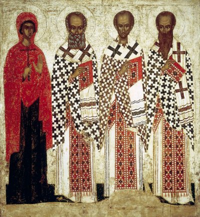 Paraskeva Pyatnitsa, Gregorio el Teólogo, Juan Crisóstomo y Basilio el Grande, principios del siglo XV de Russian icon.