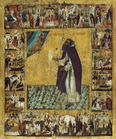 San Barlaam de Khutyn con escenas de su vida, 1560s de Russian icon.