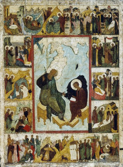 San Juan Evangelista en Patmos con escenas de su vida, principios del siglo XVI de Russian icon.