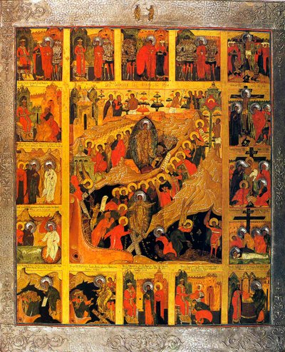 El descenso al infierno con las escenas de la Pasión de Cristo, siglo XVI de Russian icon.