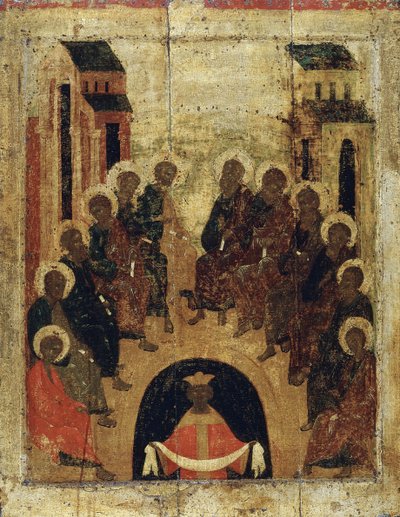 El descenso del Espíritu Santo sobre los apóstoles, c. 1410 de Russian icon.