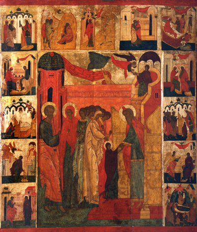 La Entrada de la Santísima Theotokos en el Templo, siglo XVI de Russian icon.